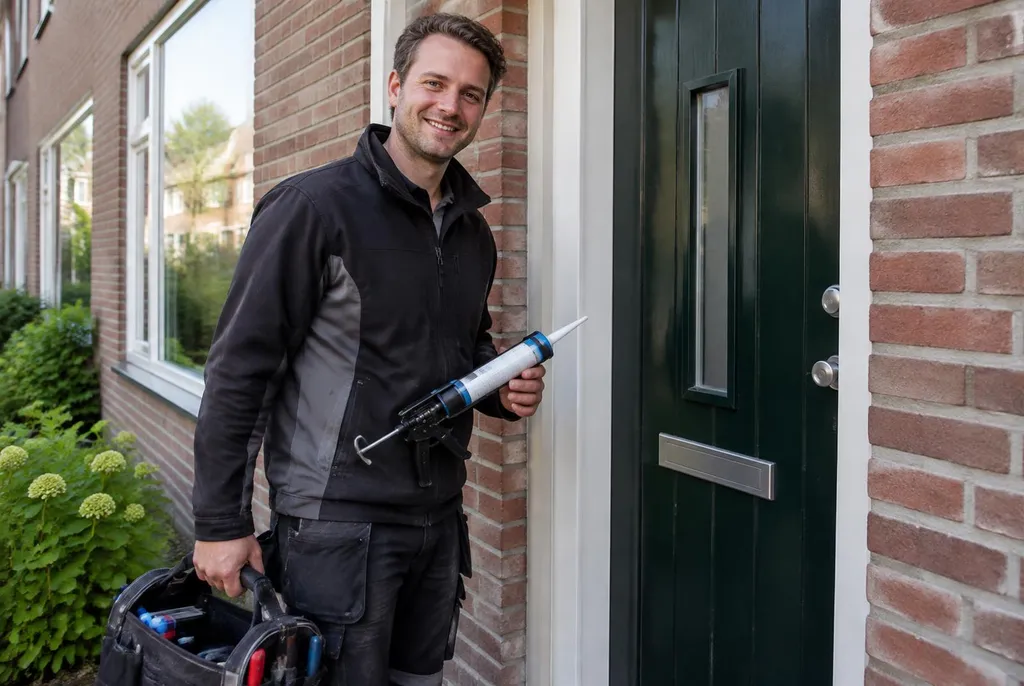 Vakman van Kitbedrijf Veenendaal bij de voordeur van een woning